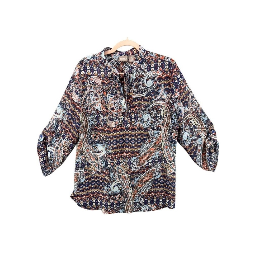 Chico's Shirt Womens Sz 2 Large Paisley Tunic Multicolor Roll-Tab Sleeve